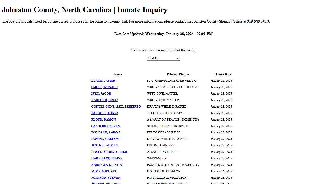 Johnston County, North Carolina Inmate Inquiry