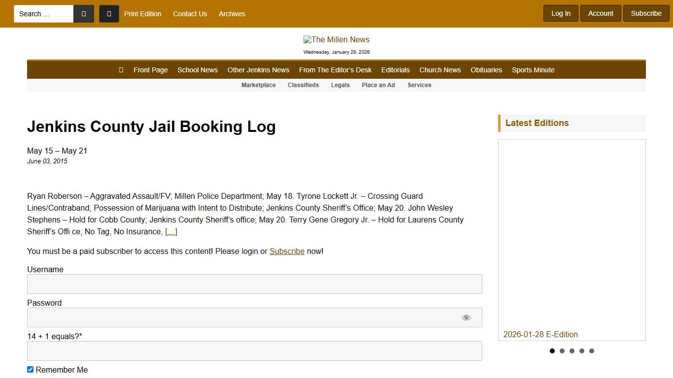 Jenkins County Jail Booking Log - The Millen News